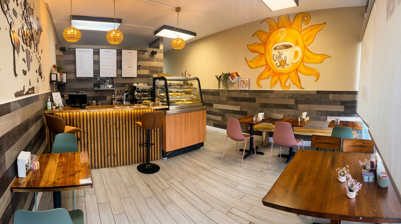Warm interior of Cafe Sol in Margate, FL with morning light